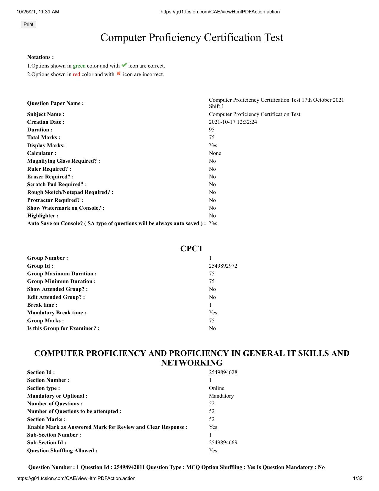 MP CPCT 17 October 2021 Question Paper English Shift 1 - Page 1