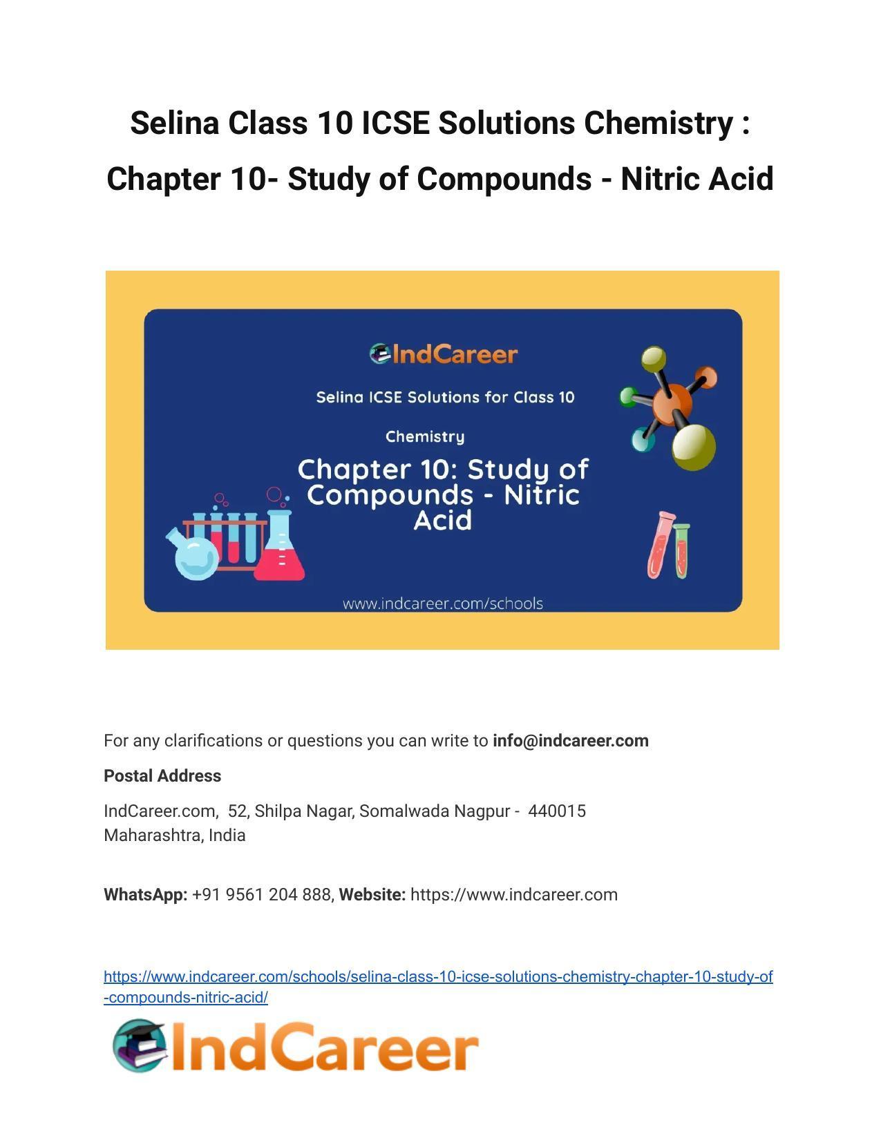 Selina Class 10 ICSE Solutions Chemistry : Chapter 10- Study of Compounds - Nitric Acid - Page 1