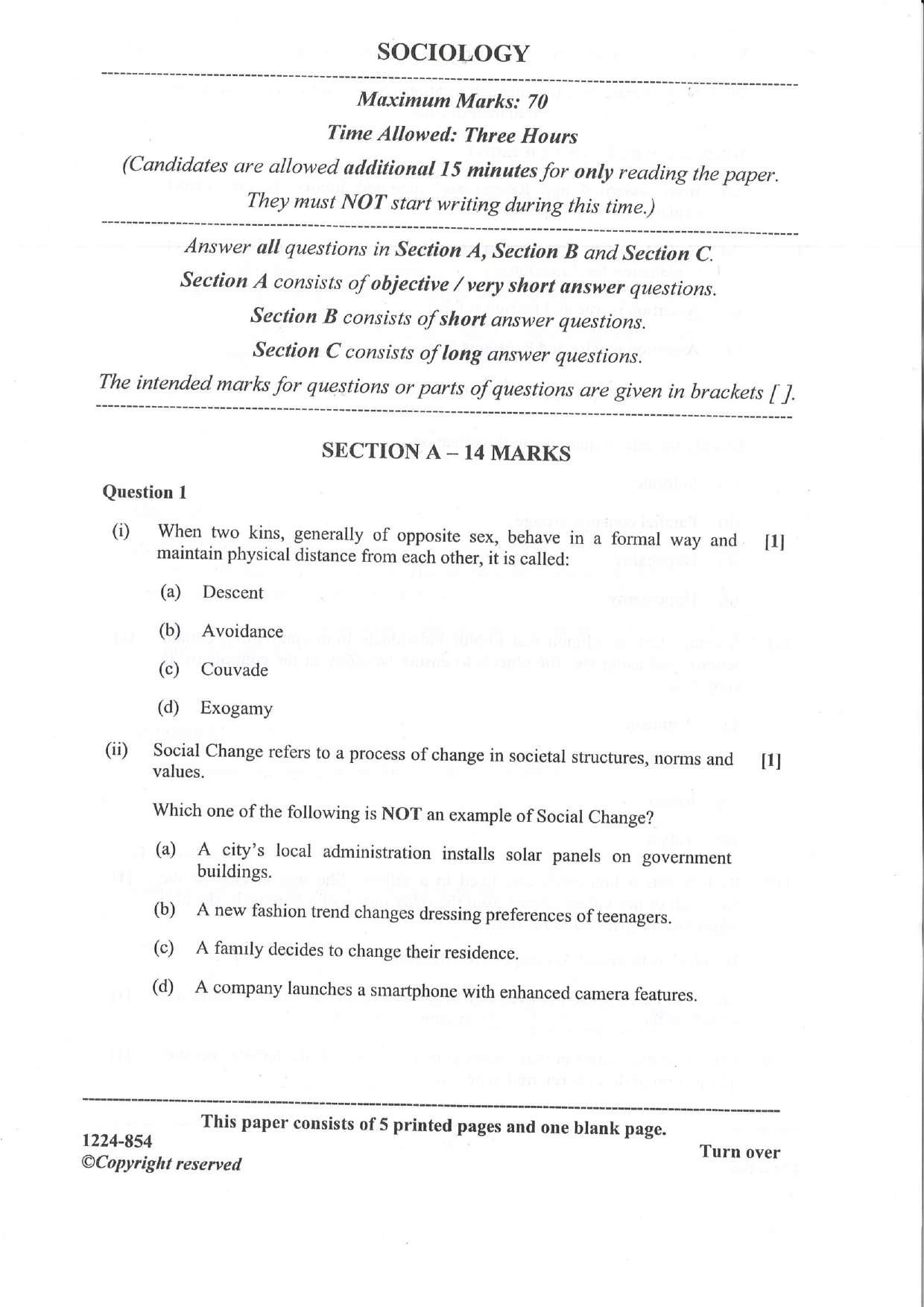 ISC Class 12 Sociology 2024 Question Paper - Page 1