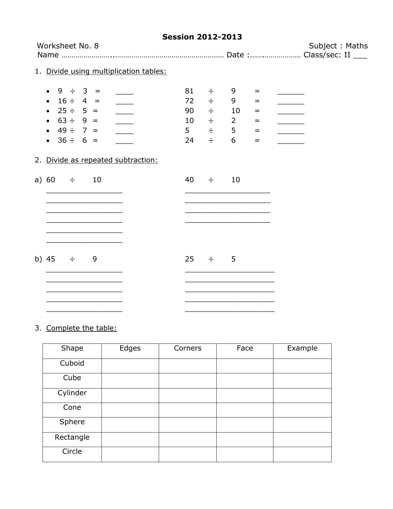 Worksheets for Class 2 Maths Assignment 9 - Page 1