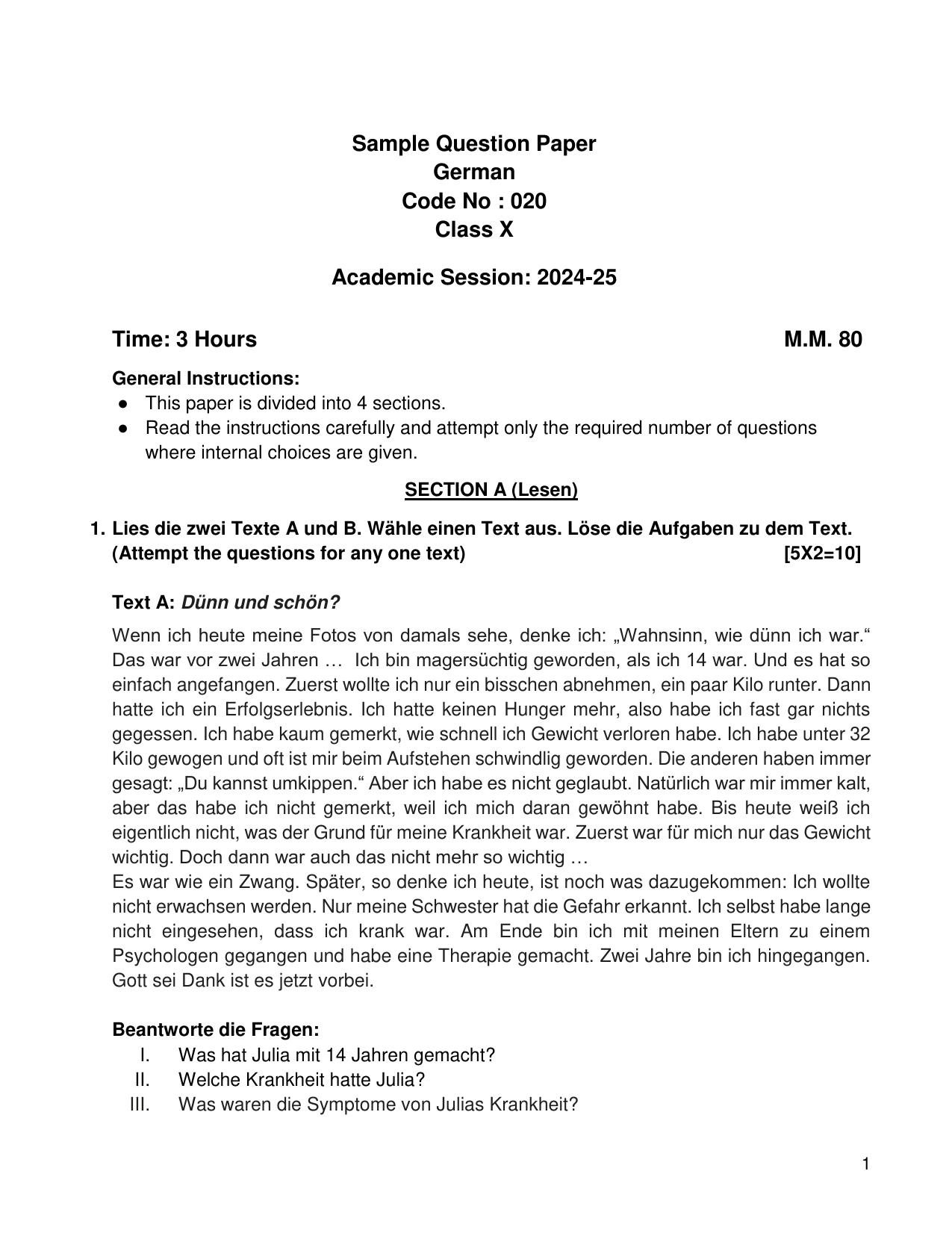 CBSE Class 10 German Sample Paper 2025 - Page 1