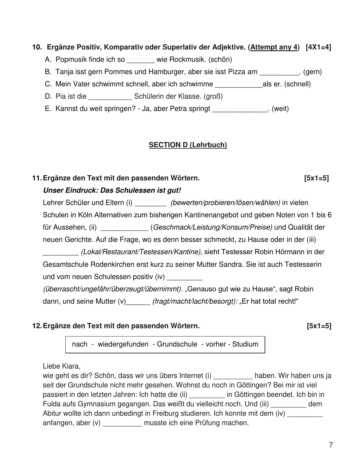 CBSE Class 10 German Sample Paper 2025 - IndCareer Schools