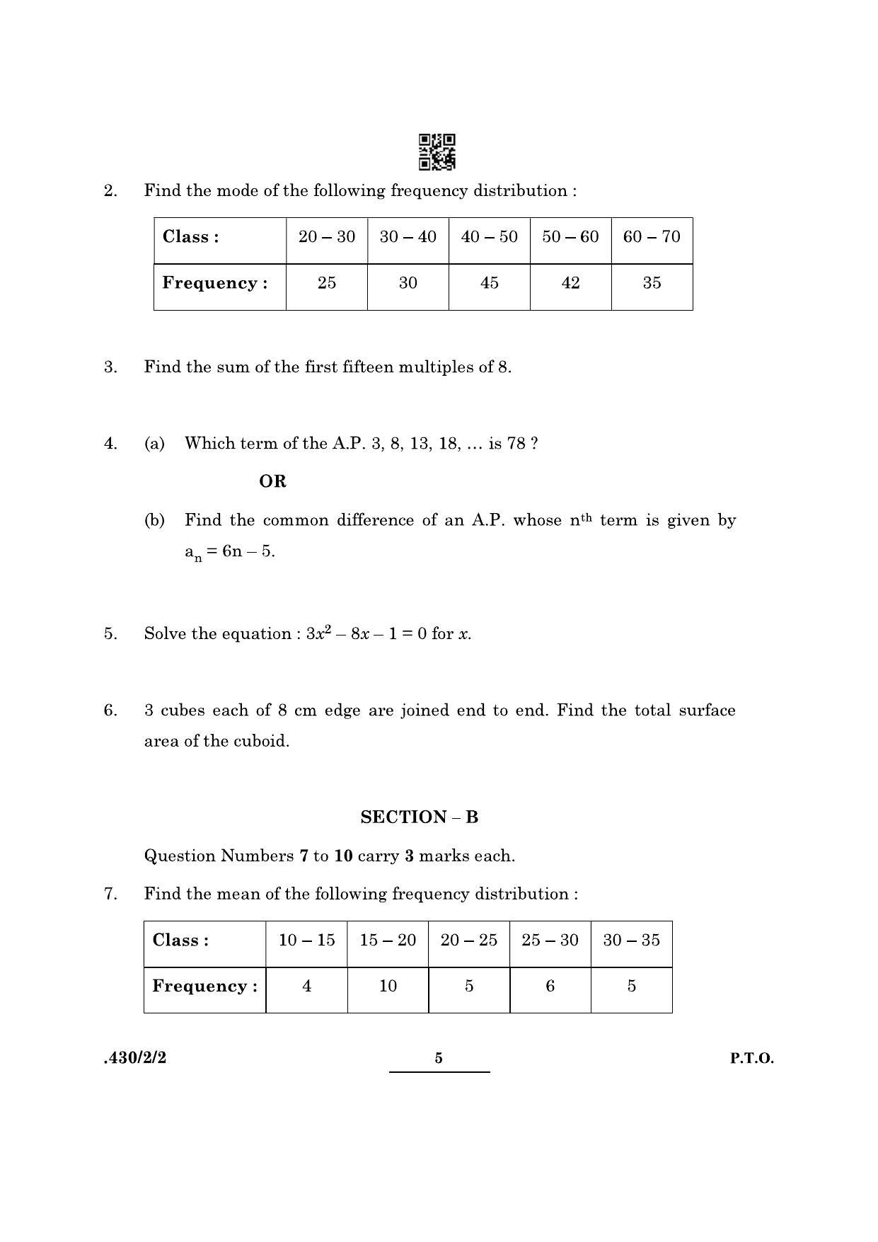 CBSE Class 10 Maths Basic (430/2/2 - SET 2) 2022 Question Paper - Page 5