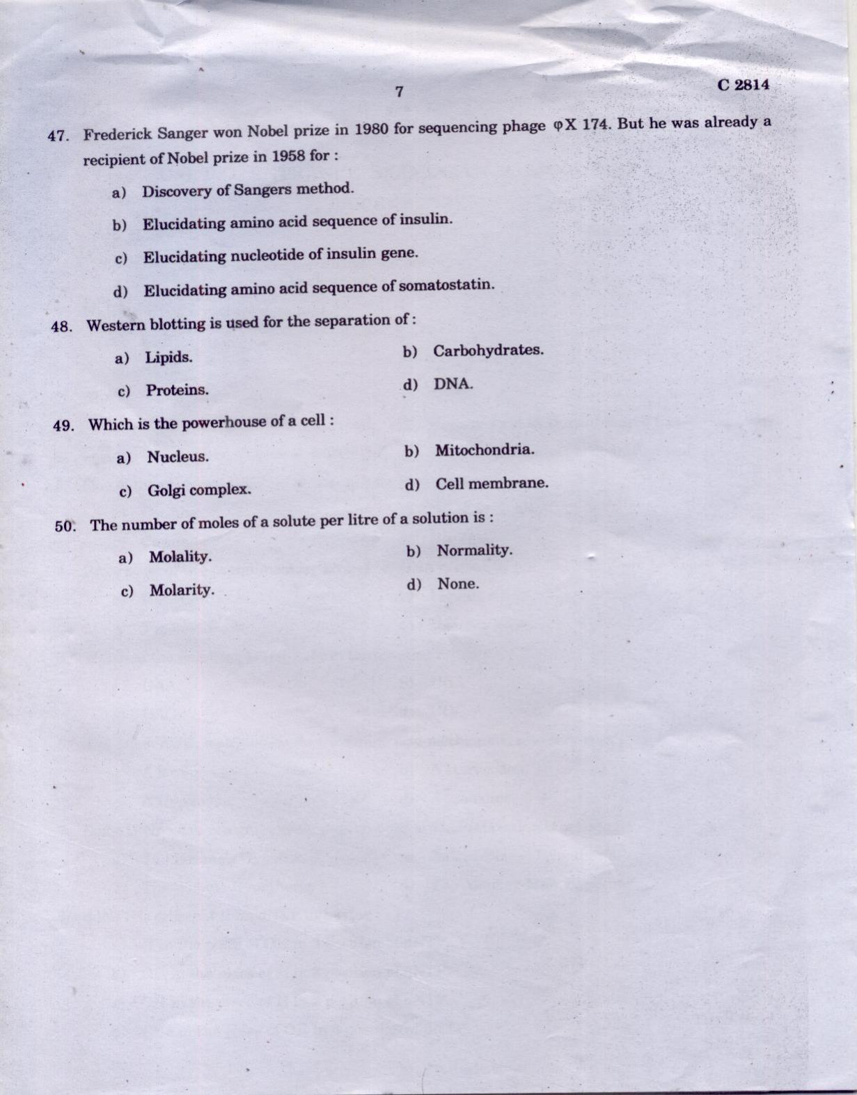 CUCAT 2021 M.Sc Biochemistry Question Paper - Page 7