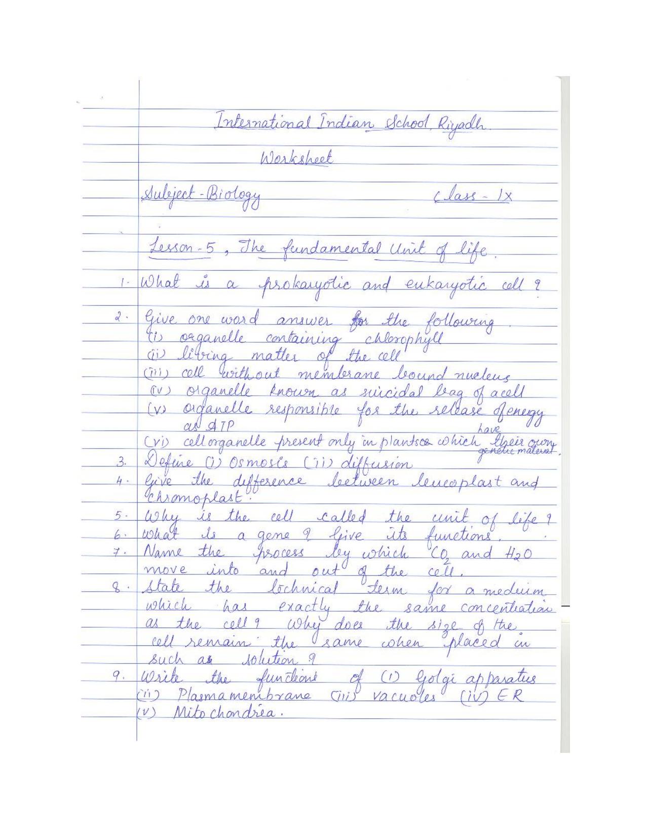 CBSE Worksheets for Class 9 Biology The Fundamental Unit of Life Assignment 3 - Page 1