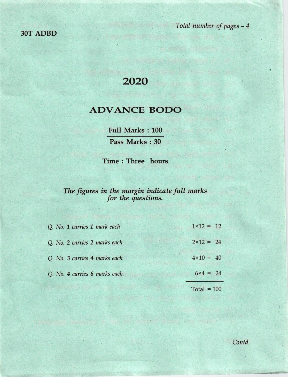 AHSEC Class 12  Advance Bodo Question Papers 2020 - Page 1