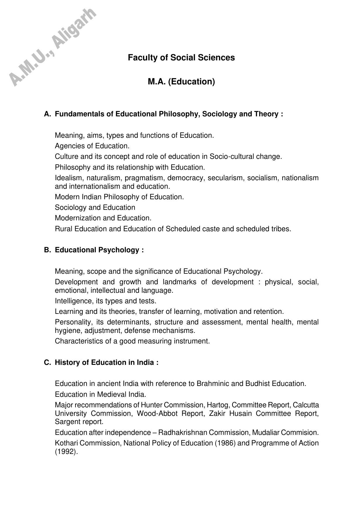 AMU Entrance Exam: M.A. Education Syllabus - Page 1