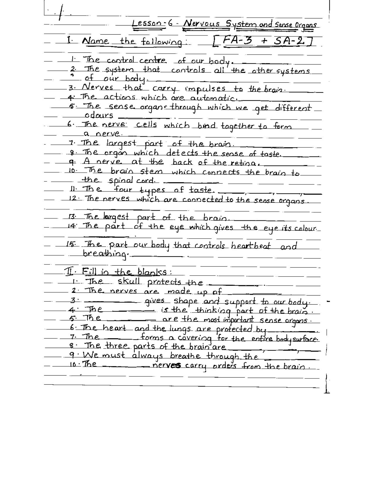 Worksheet for Class 5 Science Nervous System and Sense Organs Assignment 1 - Page 1