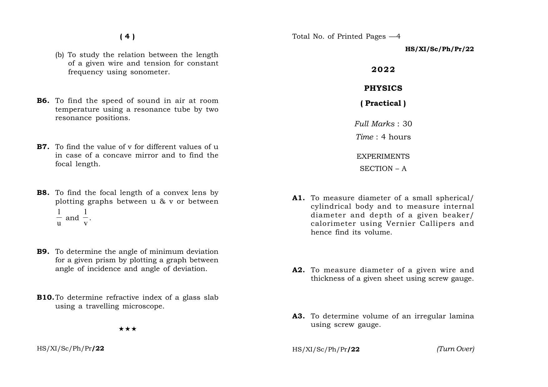 Meghalaya Board (MBOSE) Class 11 Physics (practical) 2022 Question Paper - Page 1