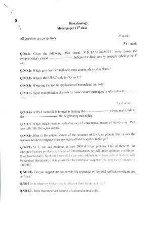 JKBOSE Class 12 Biotechnology Model Question Paper 2023