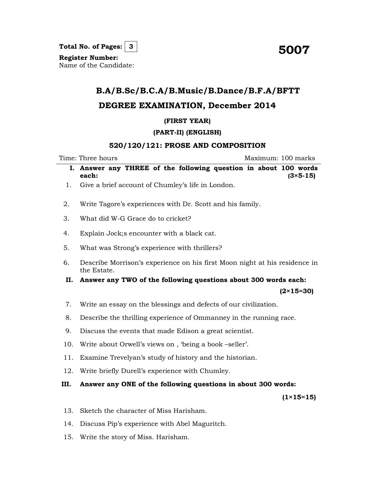 Annamalai University English - Prose And Composition B.Sc Visual Communication December 2014 Question Papers - Page 1