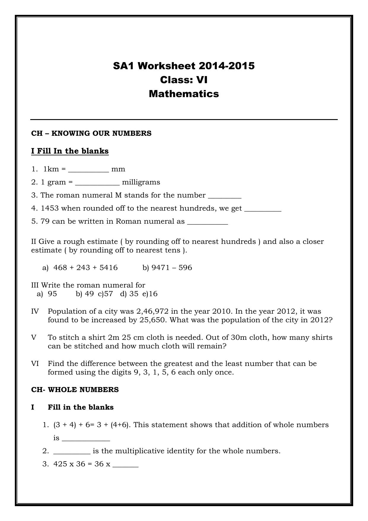 CBSE Worksheets for Class 6 Maths Assignment 9 - Page 1