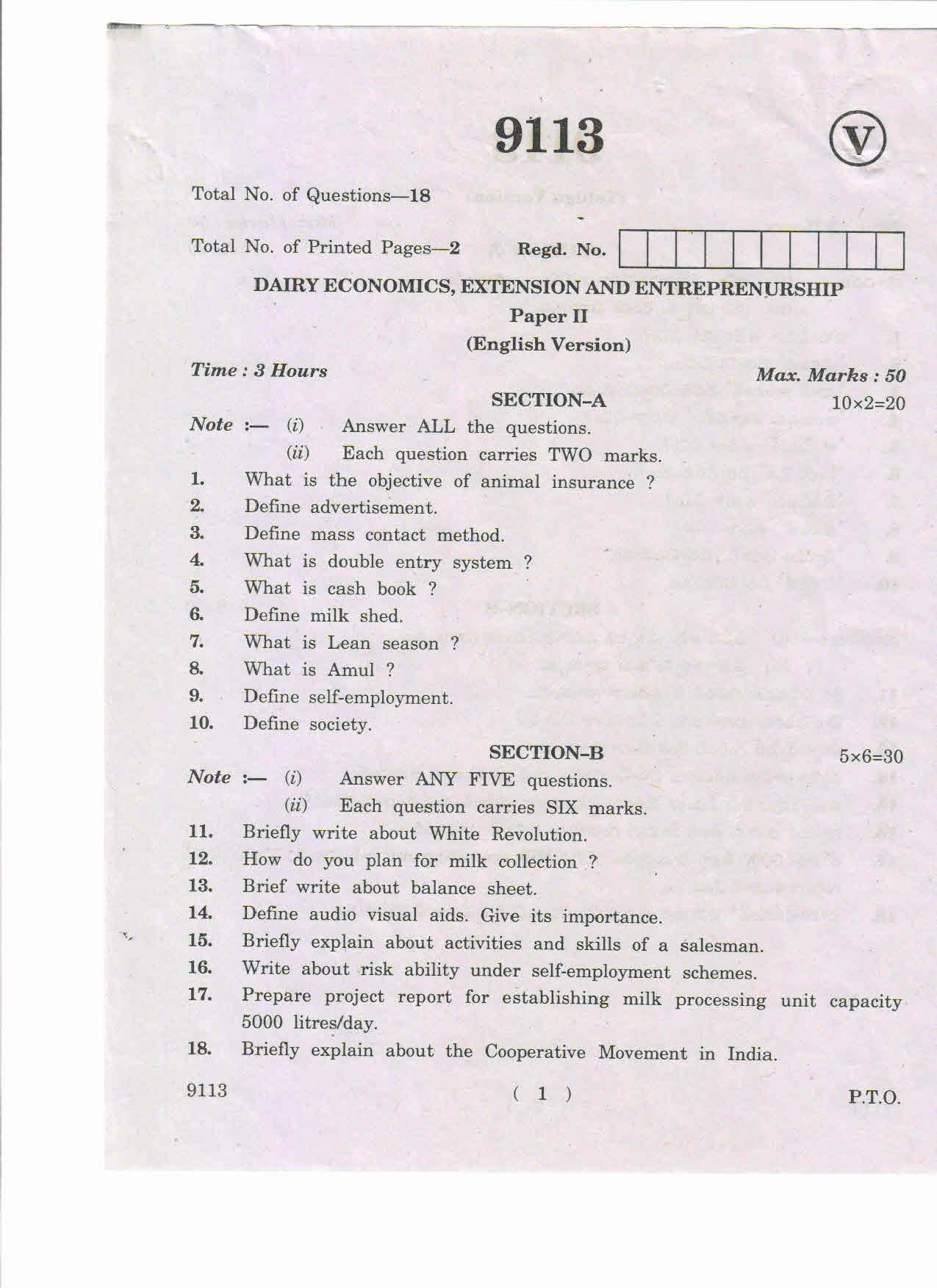 AP Inter 2nd Year Dairy Economics, Extension and Entereprenurship-II March-2019-Vocational Question Paper - Page 1