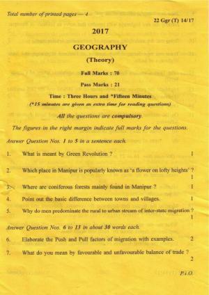 COHSEM Class 12 Geography 2017 Question Papers