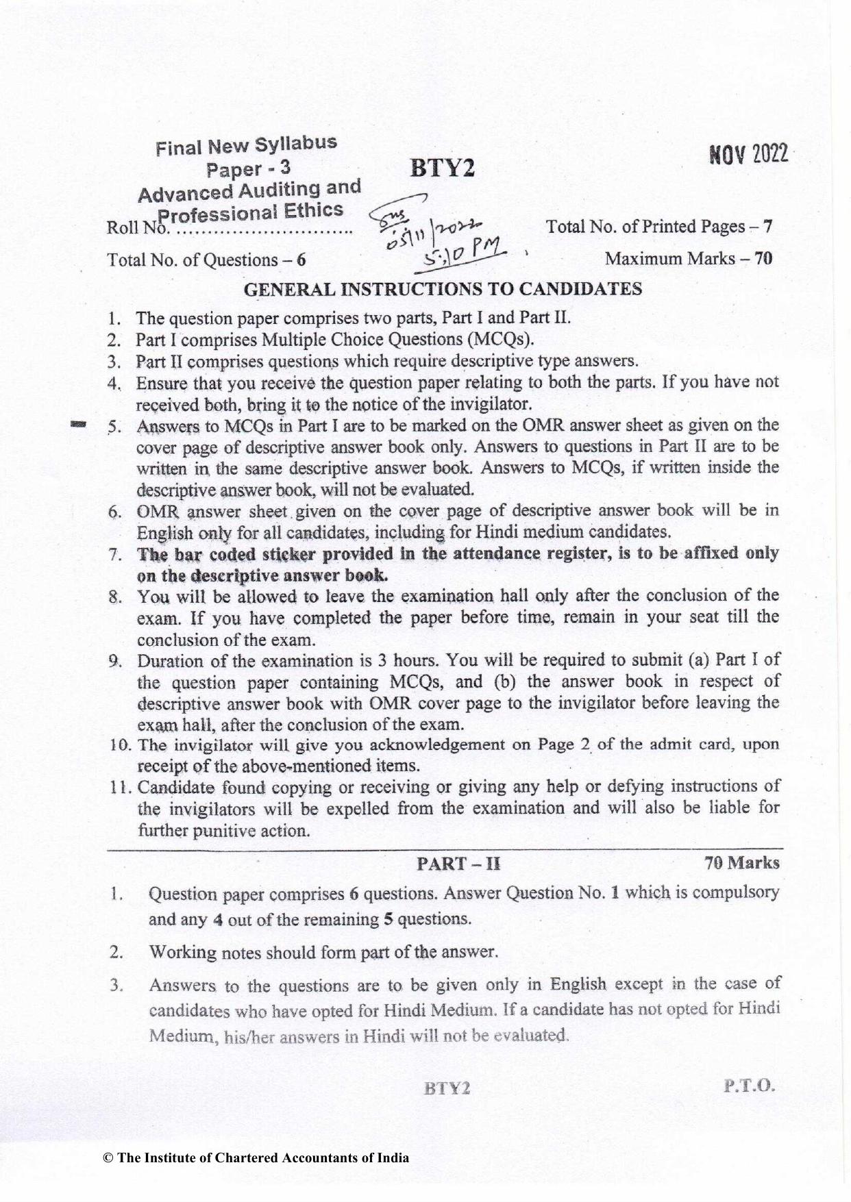 CA Final Nov 2022 Question Paper - Paper 3 – Advanced Auditing and Professional Ethics - Page 1