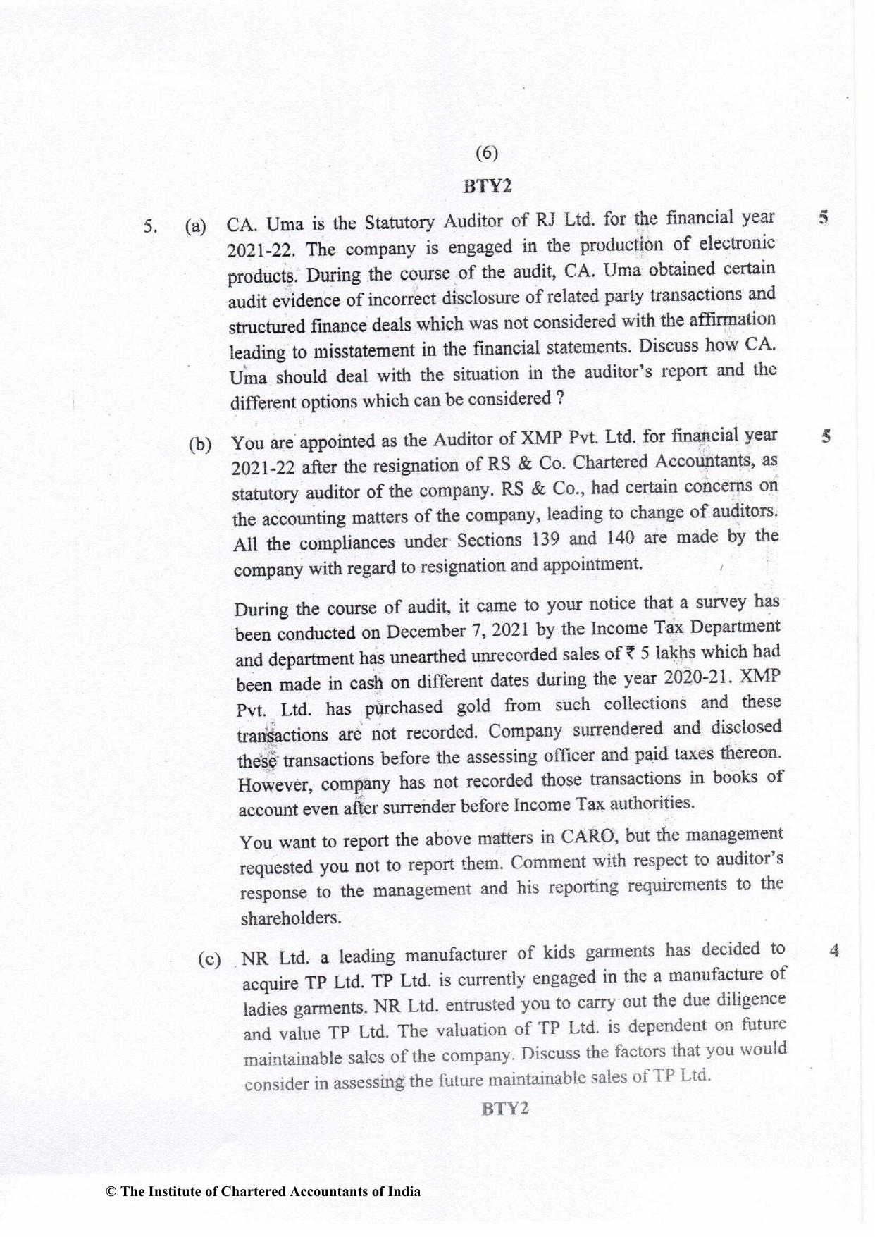 CA Final Nov 2022 Question Paper - Paper 3 – Advanced Auditing and Professional Ethics - Page 6