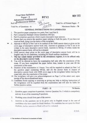 CA Final Nov 2022 Question Paper - Paper 3 – Advanced Auditing and Professional Ethics