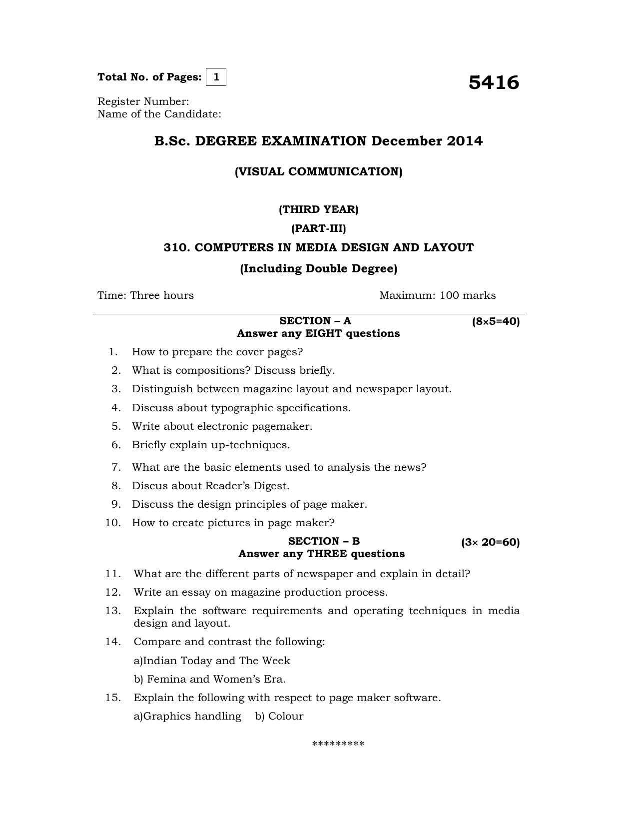 Annamalai University Computer In Media Design And Layout B.Sc Visual Communication December 2014 Question Papers - Page 1