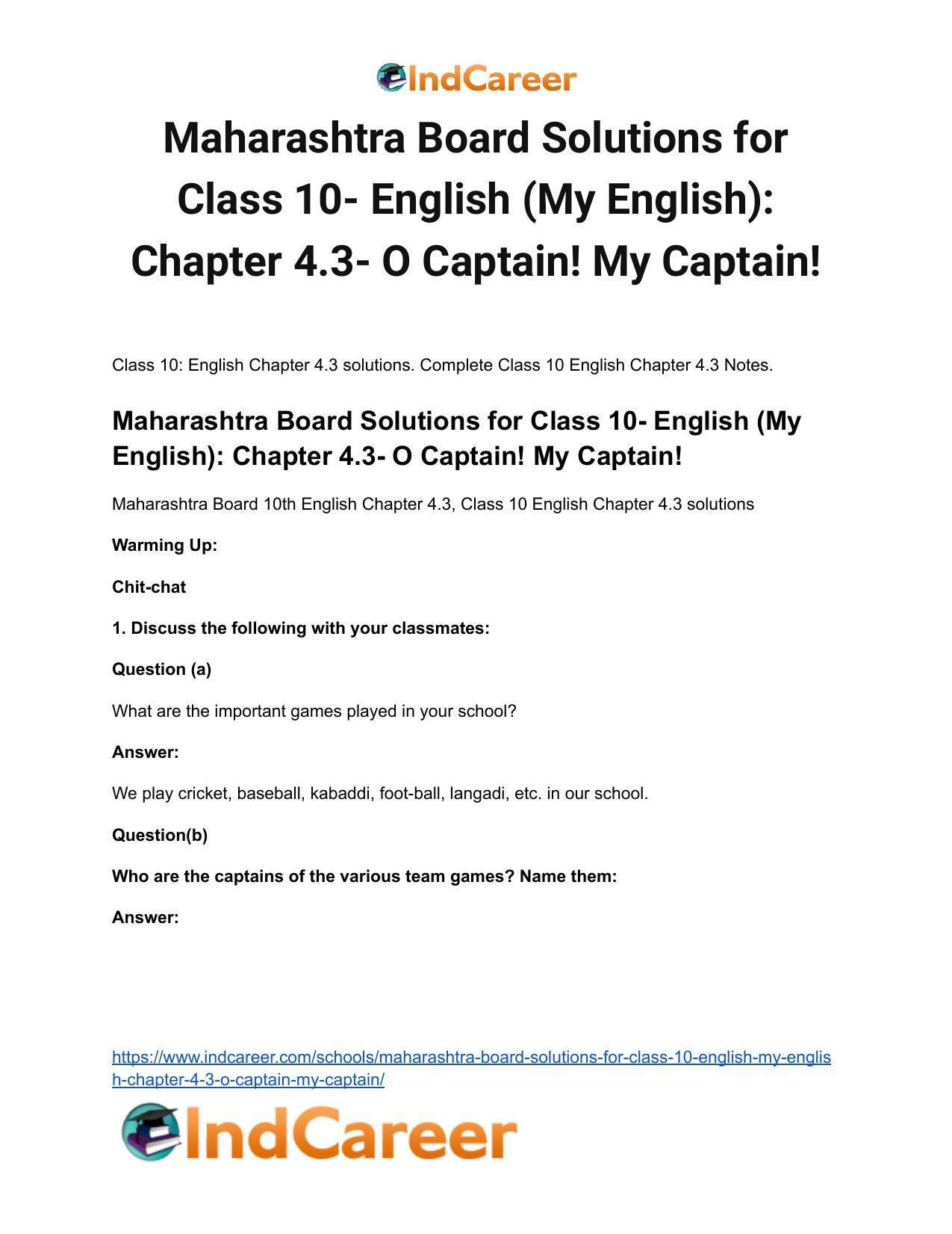 Maharashtra Board Solutions for Class 10- English (My English): Chapter 4.3- O Captain! My Captain! - Page 2