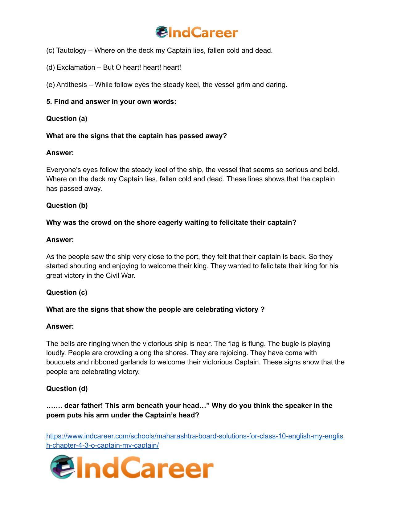 Maharashtra Board Solutions for Class 10- English (My English): Chapter 4.3- O Captain! My Captain! - Page 9