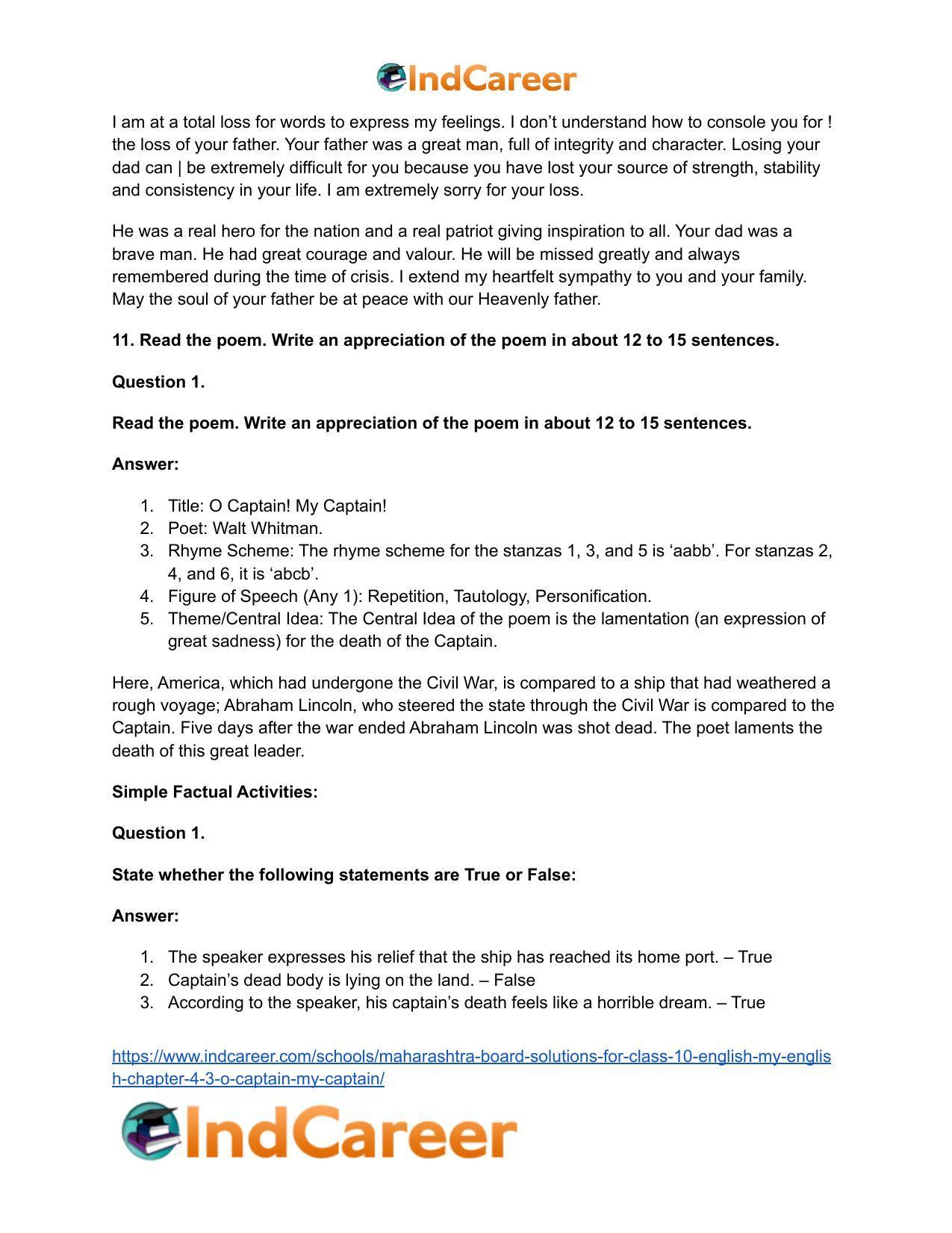 Maharashtra Board Solutions for Class 10- English (My English): Chapter 4.3- O Captain! My Captain! - Page 14
