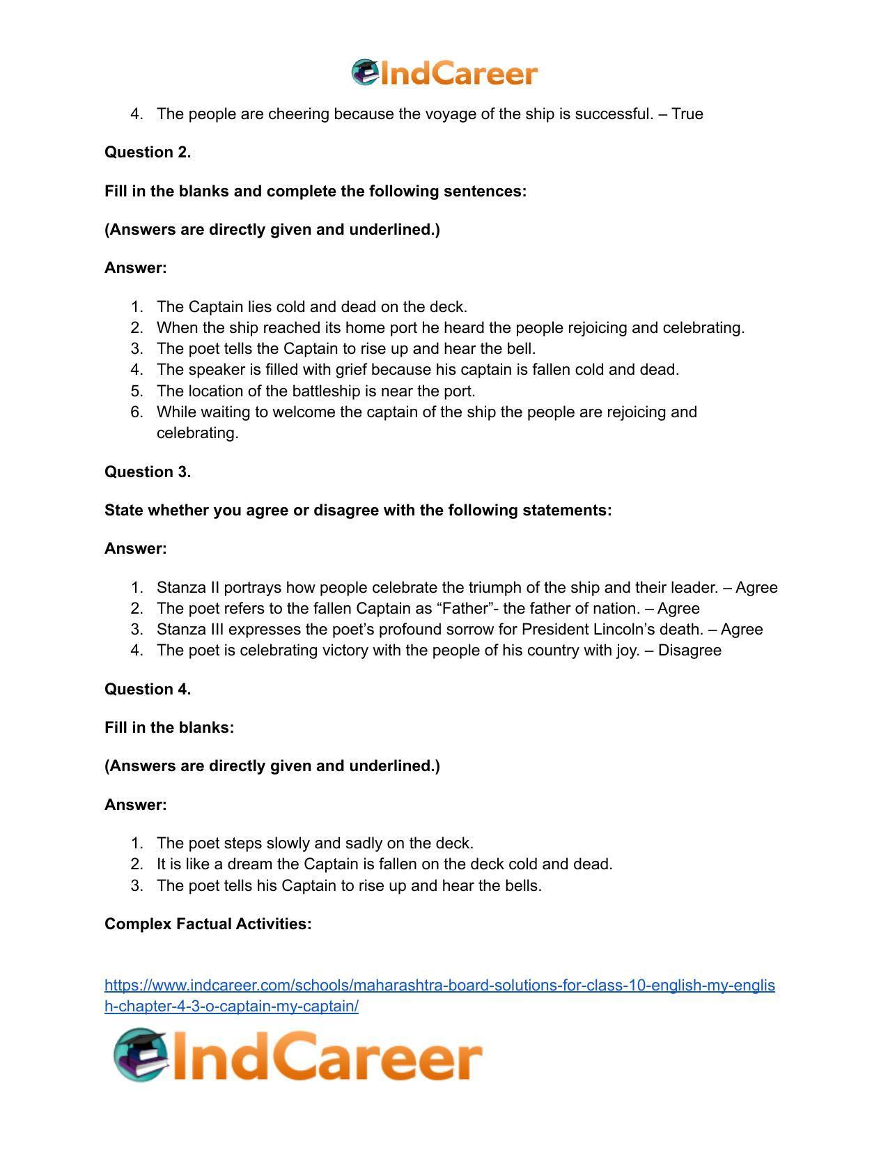 Maharashtra Board Solutions for Class 10- English (My English): Chapter 4.3- O Captain! My Captain! - Page 15