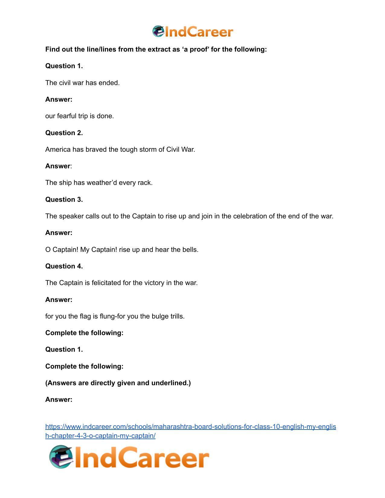 Maharashtra Board Solutions for Class 10- English (My English): Chapter 4.3- O Captain! My Captain! - Page 16