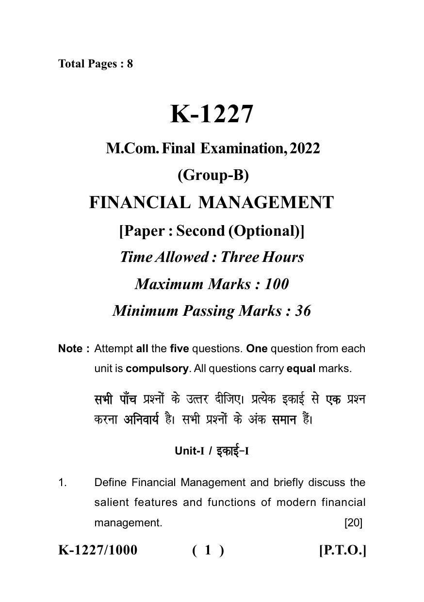 Sarguja University Question Paper - 2022 : M.Com. (Final) Financial Management Paper I - Page 1