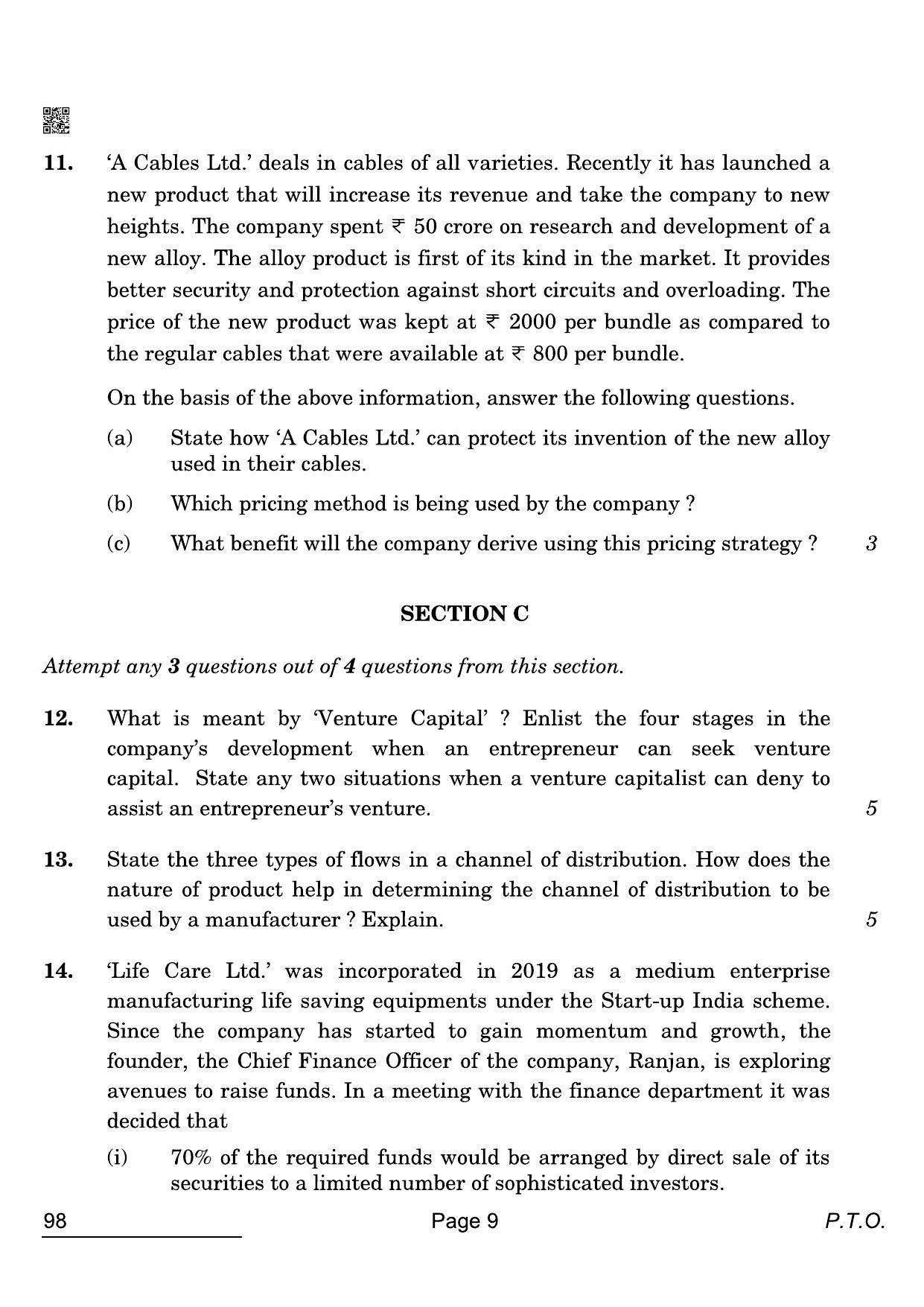 CBSE Class 12 98 Entrepreneurship 2022 Compartment Question Paper - Page 9