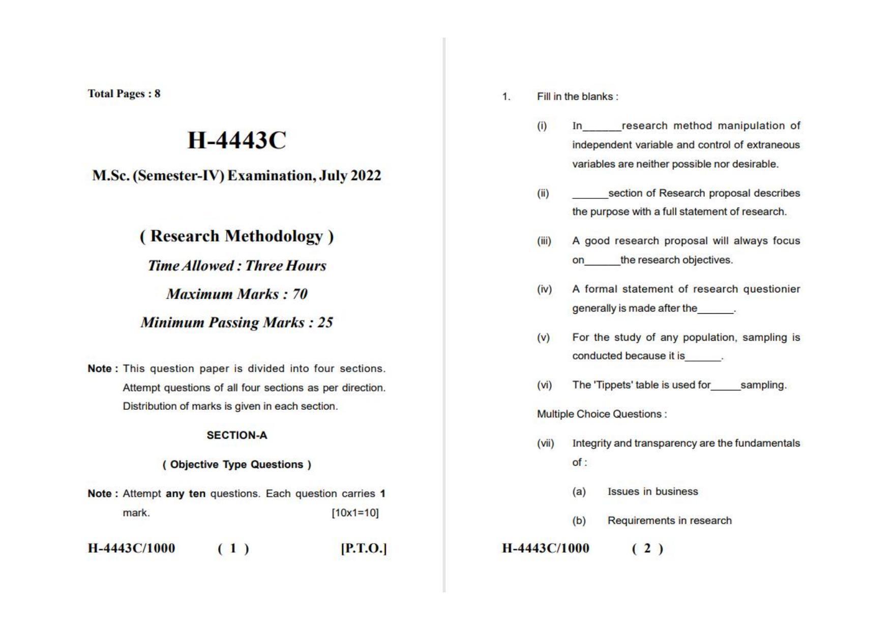 Sarguja University Question Paper July-2022 : M.Sc. In Bio-Technology(Fourth Sem.) Research Methodology Paper 1 - Page 1