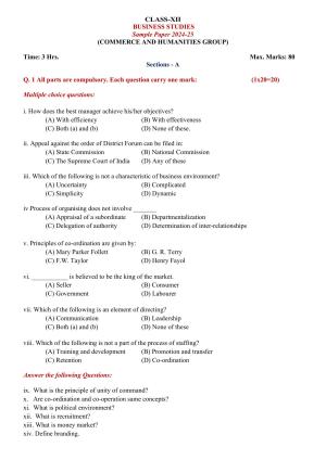 PSEB 12th Business Studies Model Paper 2025
