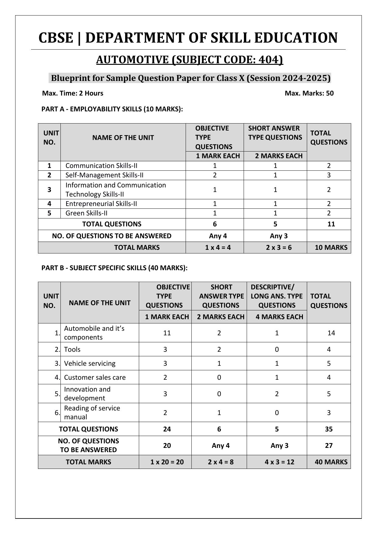 CBSE Class 10 Automotive Sample Paper 2025 - Page 1