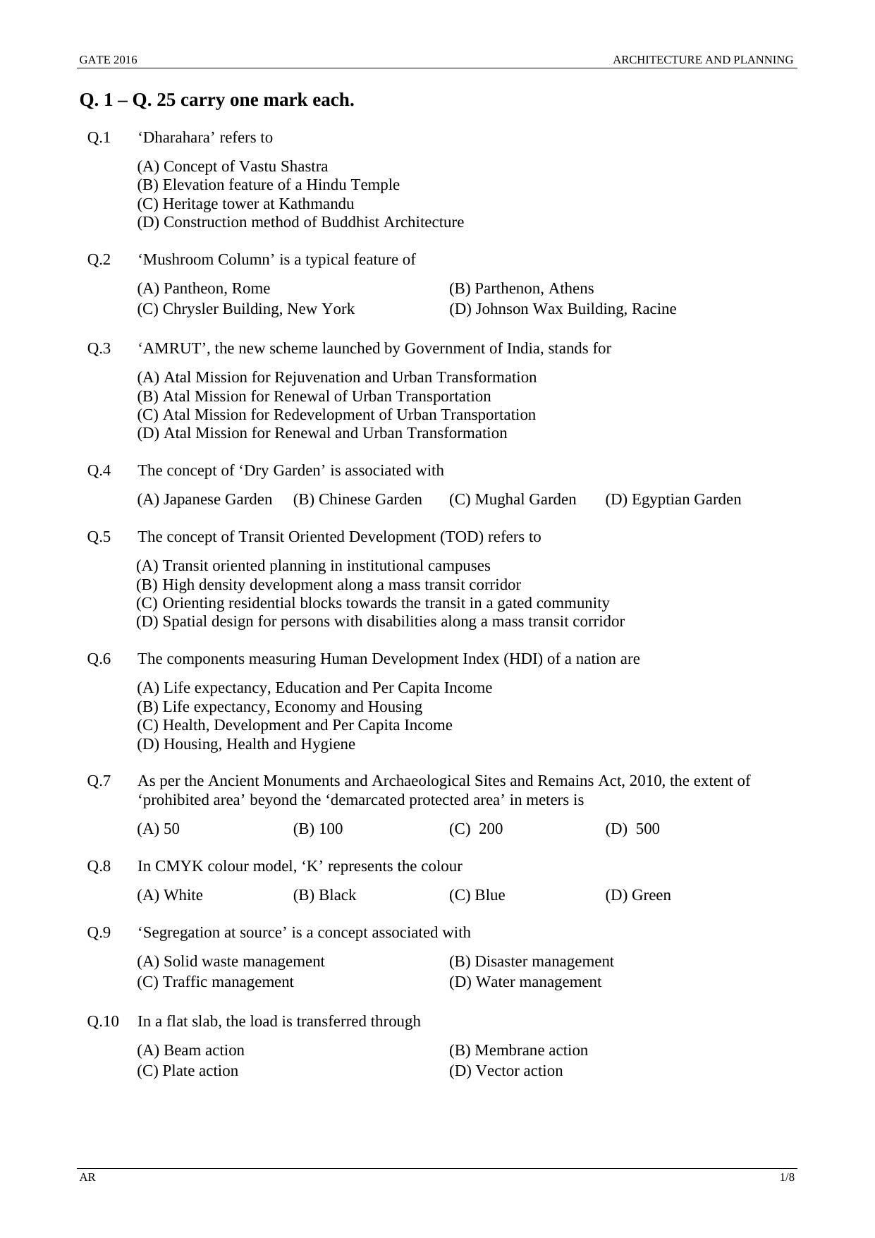 GATE 2016 Architecture and Planning (AR) Question Paper with Answer Key - Page 4
