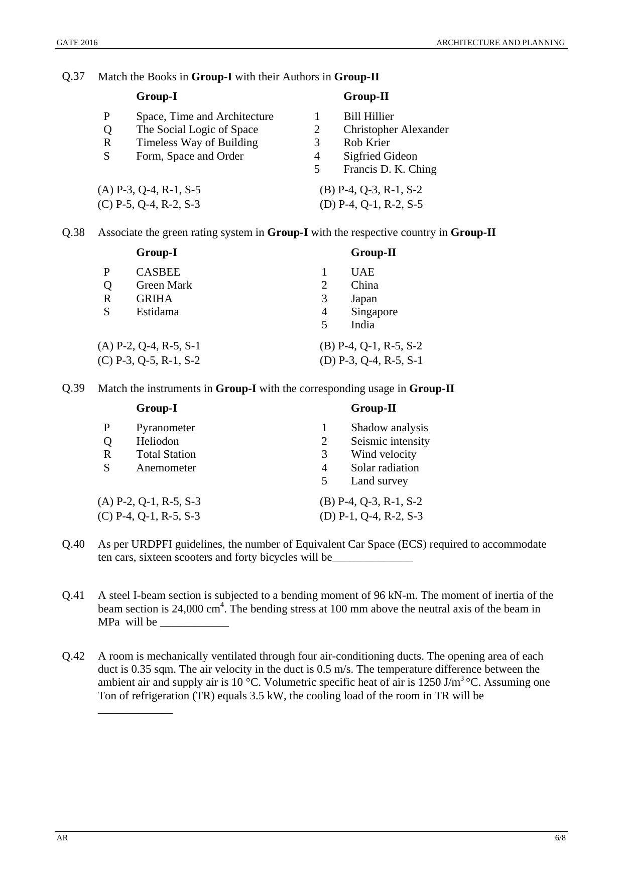 GATE 2016 Architecture and Planning (AR) Question Paper with Answer Key - Page 9