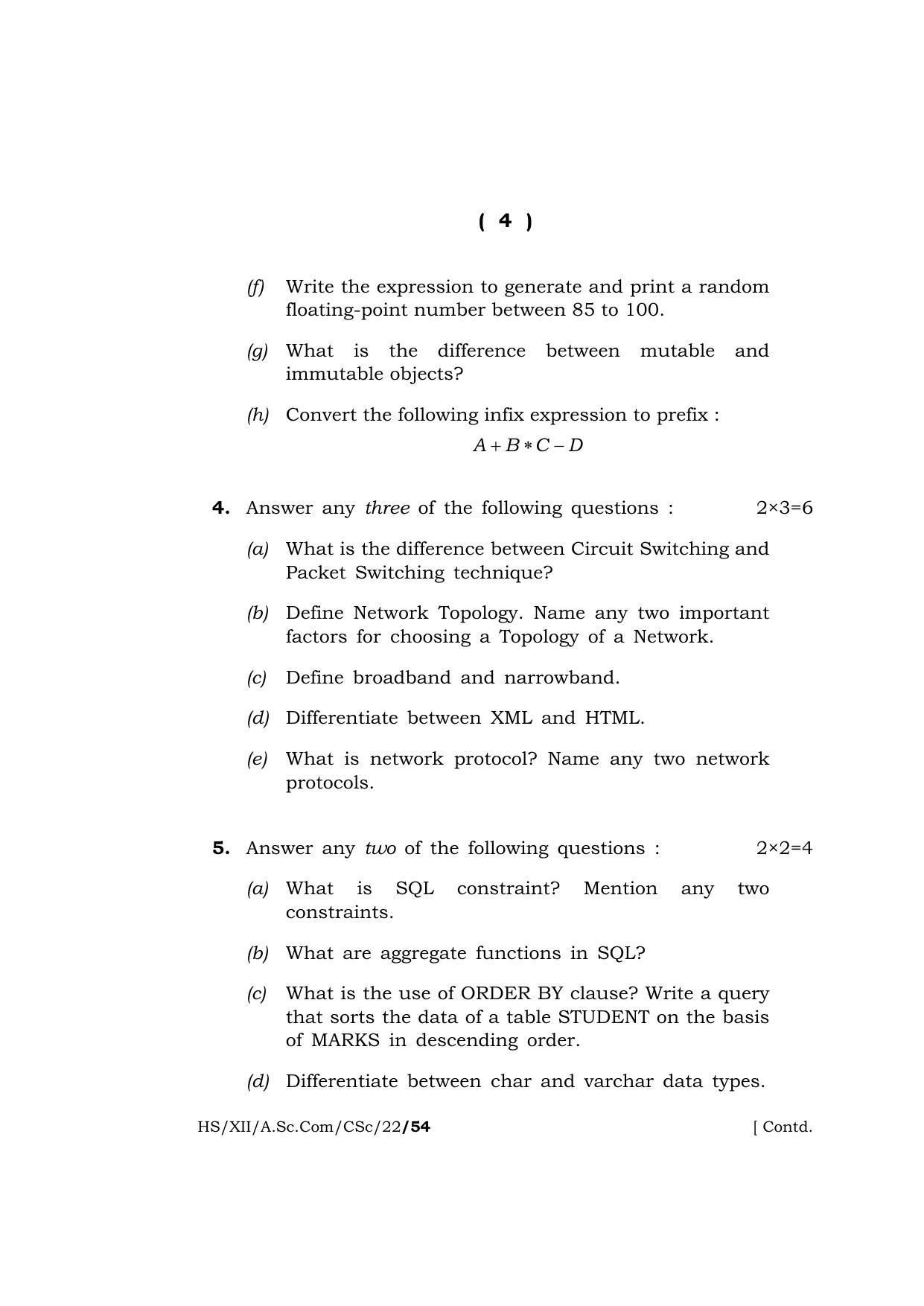 Meghalaya Board (MBOSE) Class 12 COMPUTER SCIENCE (HS-XII-A.Sc.Com-CSc-22) 2022 Question Paper - Page 4