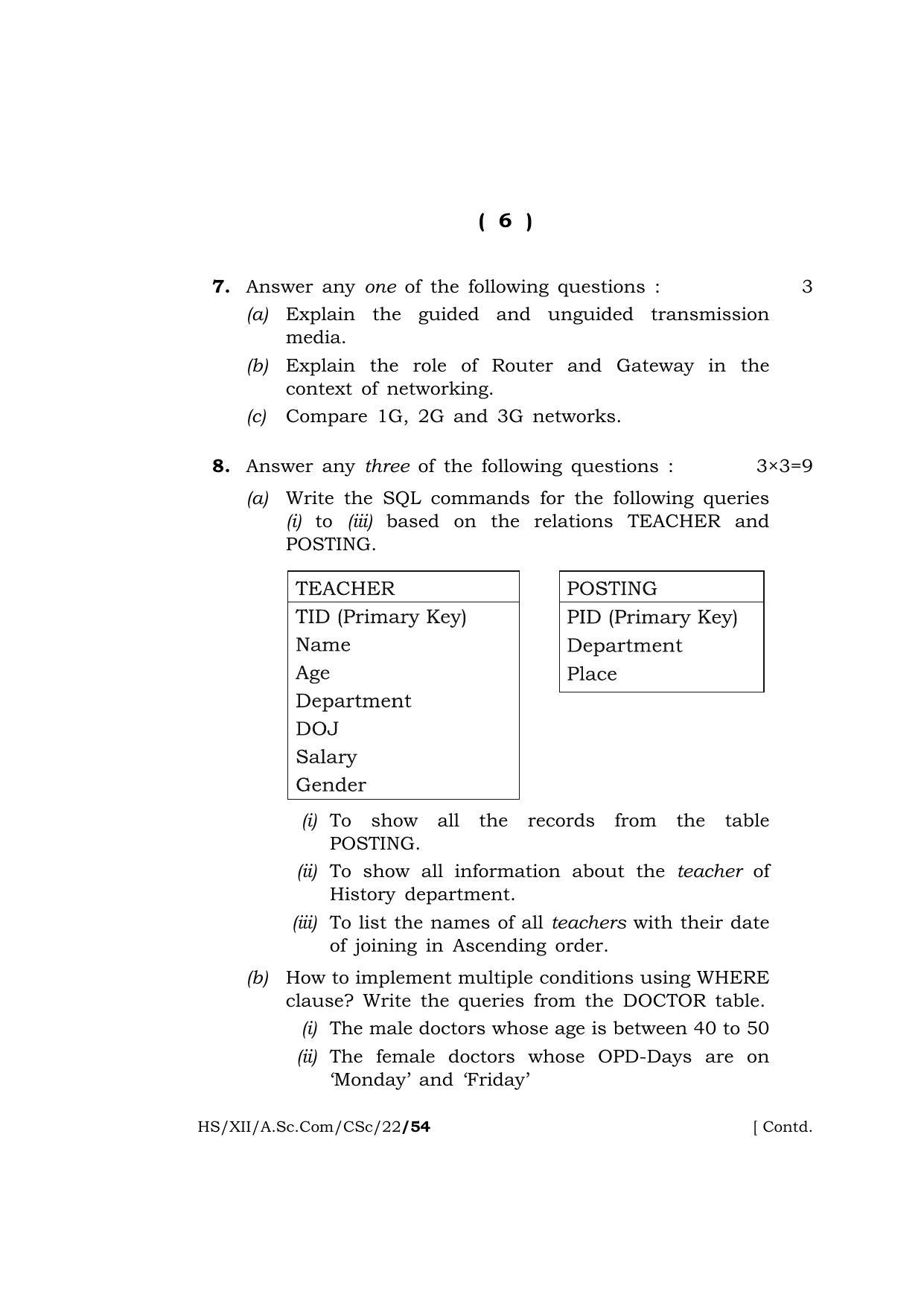 Meghalaya Board (MBOSE) Class 12 COMPUTER SCIENCE (HS-XII-A.Sc.Com-CSc-22) 2022 Question Paper - Page 6