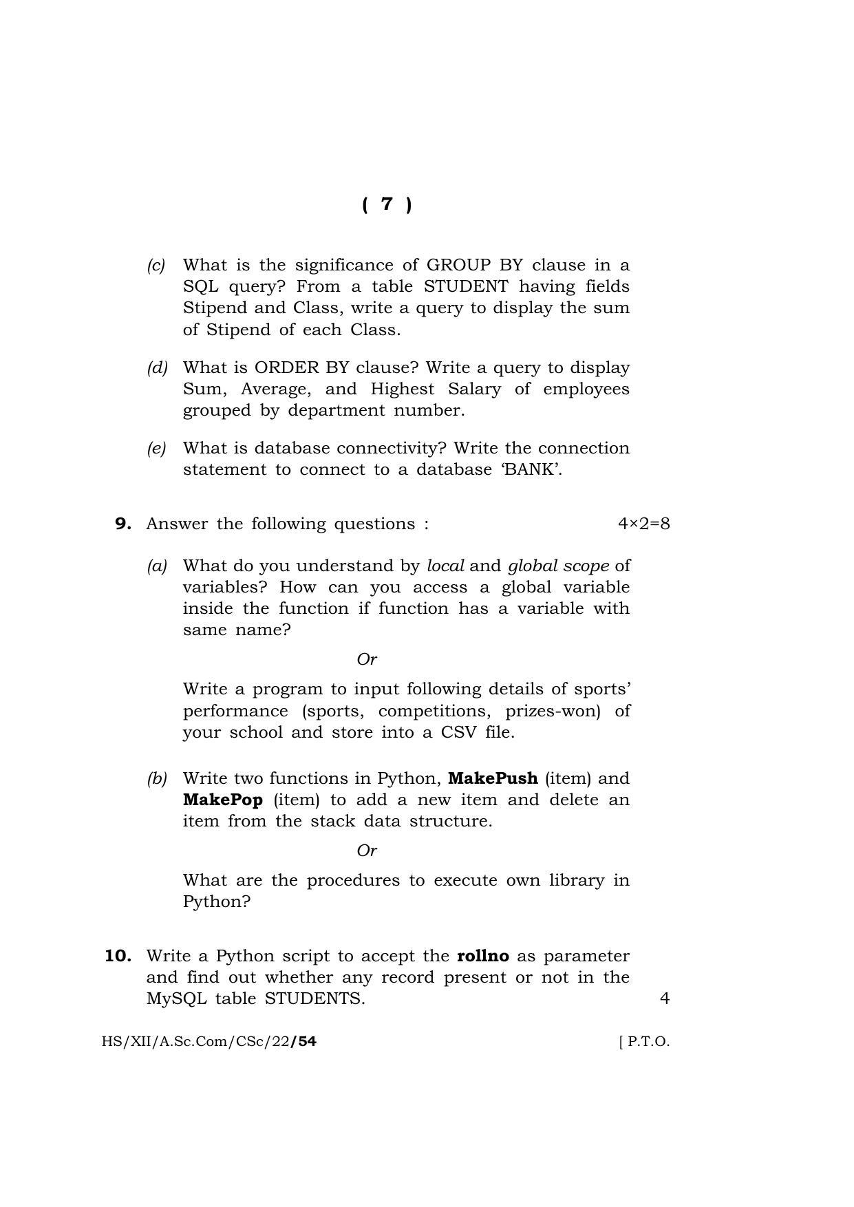 Meghalaya Board (MBOSE) Class 12 COMPUTER SCIENCE (HS-XII-A.Sc.Com-CSc-22) 2022 Question Paper - Page 7