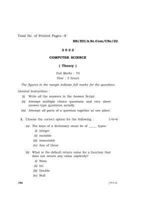 Meghalaya Board (MBOSE) Class 12 COMPUTER SCIENCE (HS-XII-A.Sc.Com-CSc-22) 2022 Question Paper