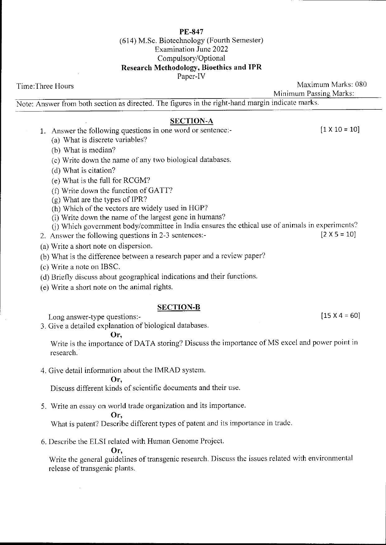 Bilaspur University Question Paper June 2022: . Biotechnology (Fourth Semester) Research Methodology, Biothics And IPR Paper 1 - IndCareer Docs Bilaspur University Question Paper June 2022: . Biotechnology (Fourth Semester) Research Methodology, Biothics And IPR Paper 1 - IndCareer Docs