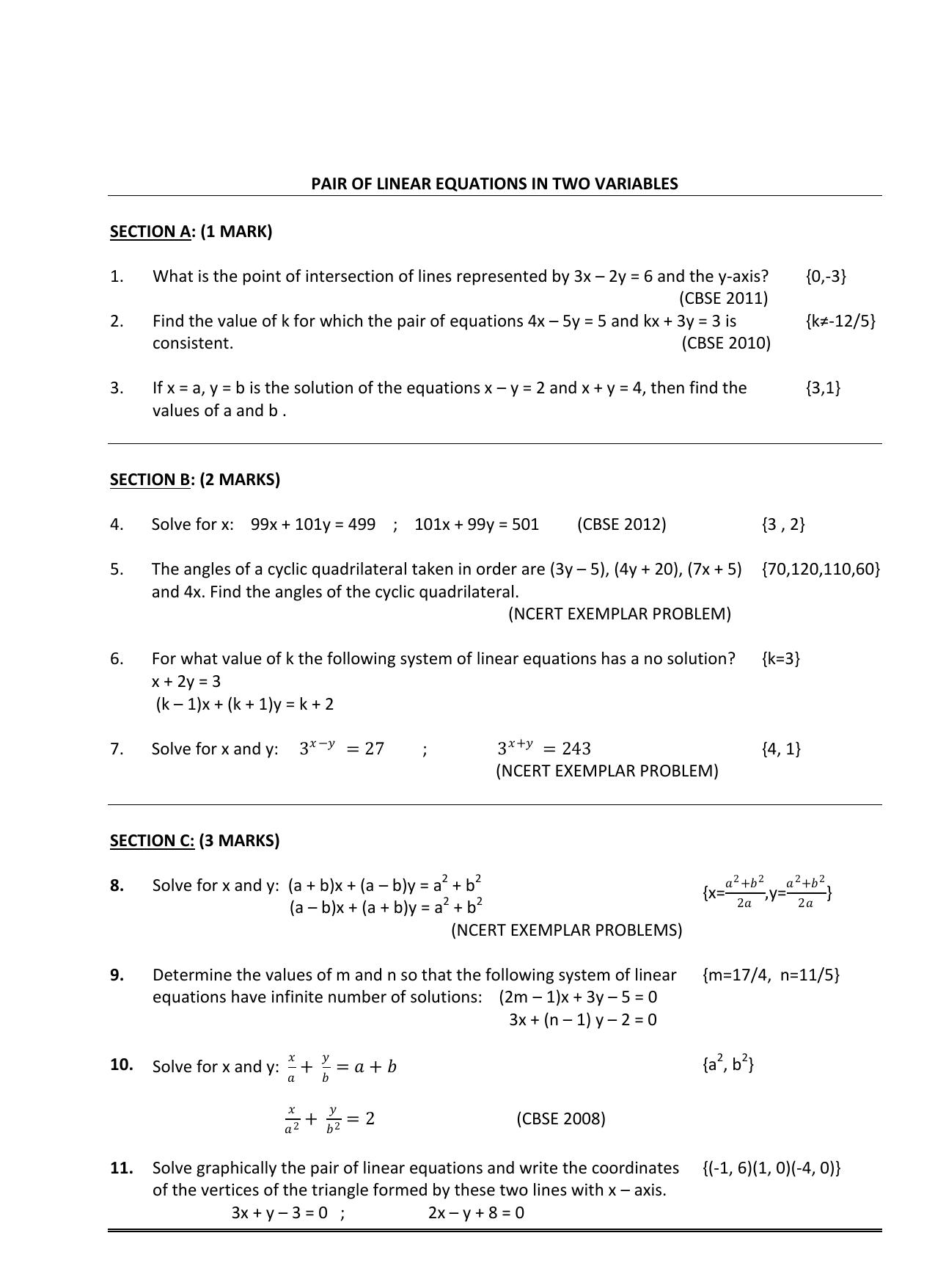 CBSE Worksheets for Class 10 Maths Linear Equations Assignment 10 - Page 1