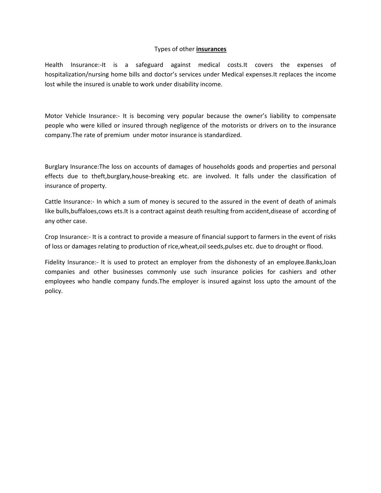 CBSE Worksheets for Class 11 Business Studies Types of other insurances Assignment - Page 1