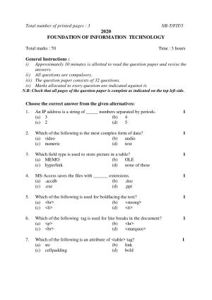 Nagaland Board Class 10 FOUNDATION OF INFORMATION TECHNOLOGY 2020 Question Paper