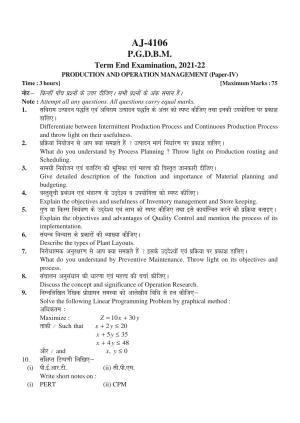 Bilaspur University Question Paper 2021-2022:P.G. Diploma In Bussiness Management Production And Operation Management Paper 1