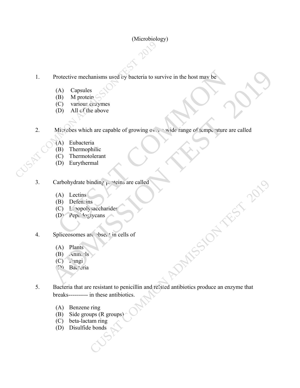CUSAT CAT 2019 Microbiology Question Paper With Answer Key - Page 1