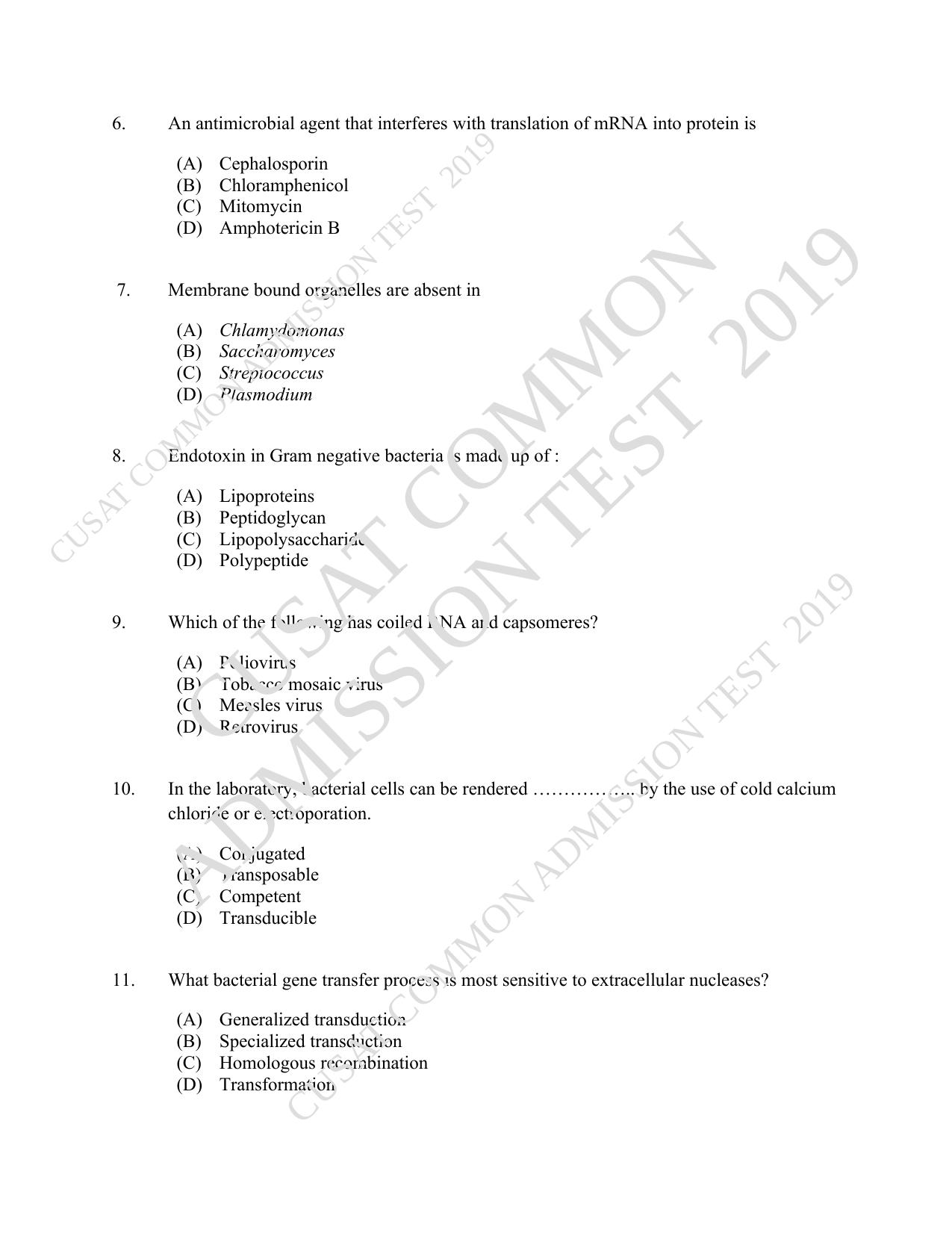 CUSAT CAT 2019 Microbiology Question Paper With Answer Key - Page 2