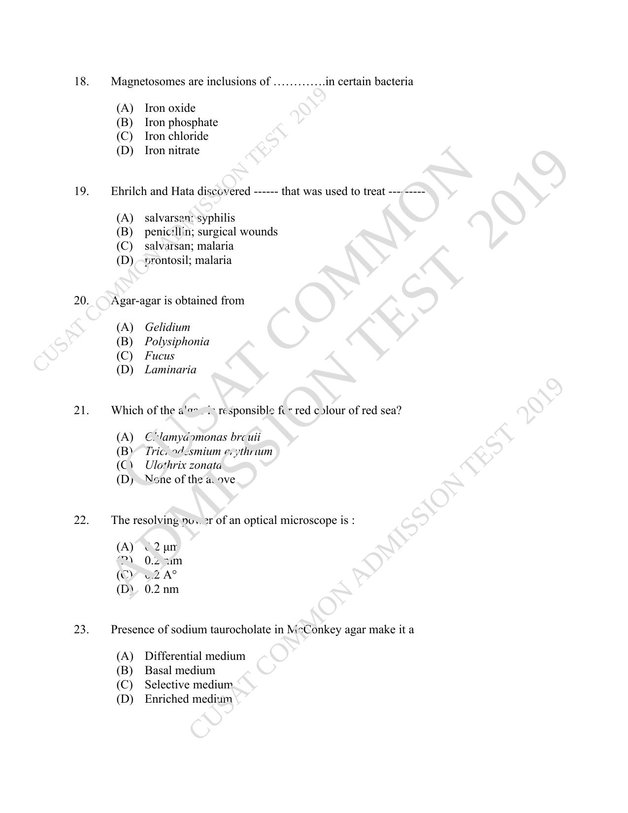 CUSAT CAT 2019 Microbiology Question Paper With Answer Key - Page 4