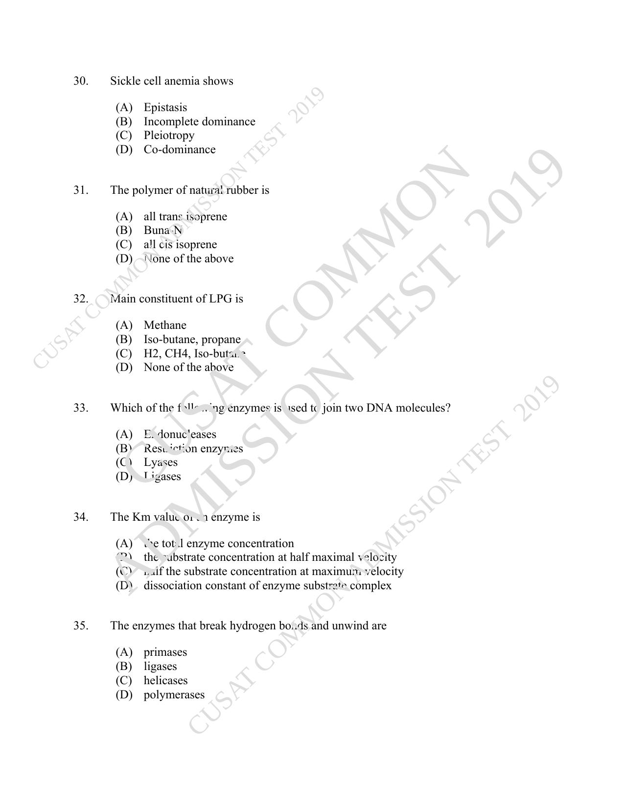 CUSAT CAT 2019 Microbiology Question Paper With Answer Key - Page 6