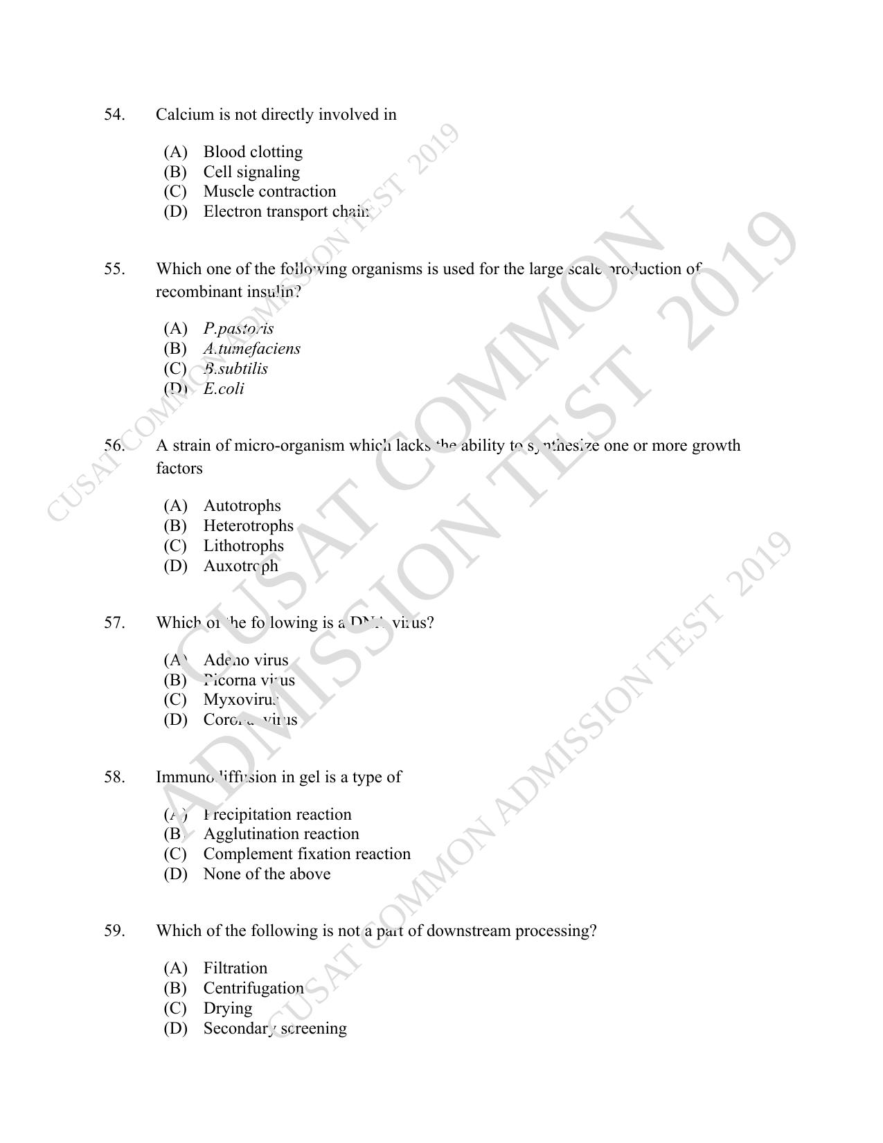 CUSAT CAT 2019 Microbiology Question Paper With Answer Key - Page 10