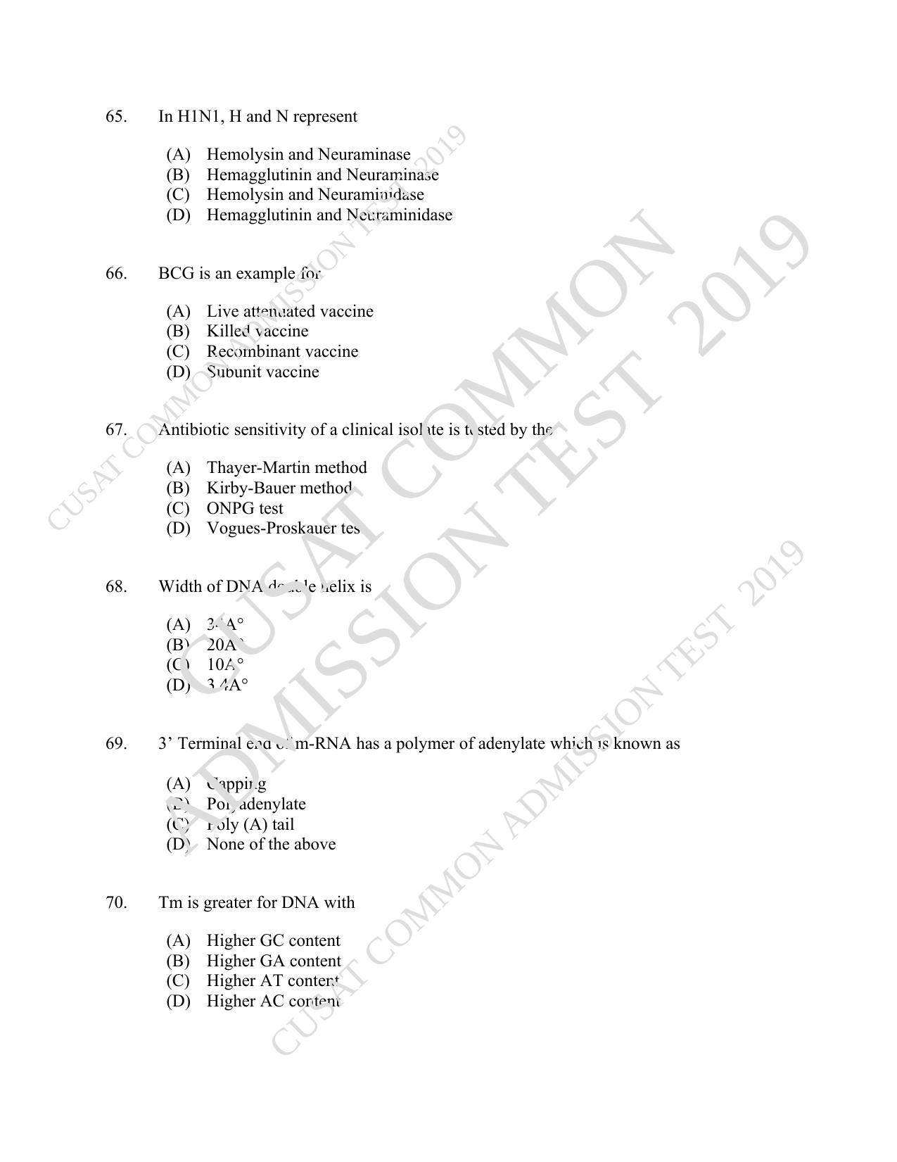 CUSAT CAT 2019 Microbiology Question Paper With Answer Key - Page 12