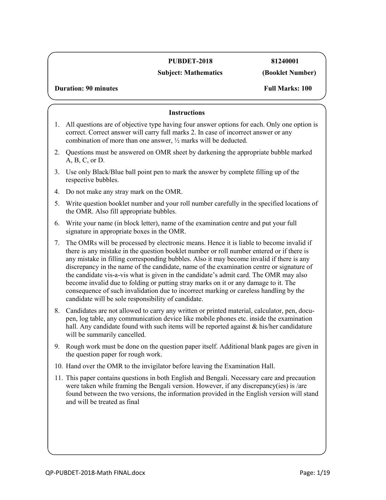 PUBDET 2018 Mathematics Question Papers - Page 1